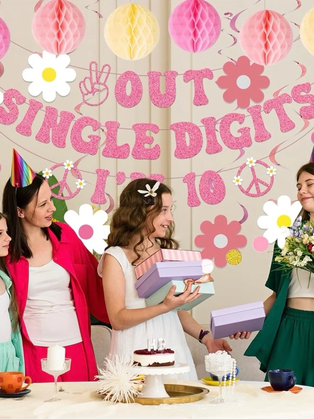 Out of Single Digits I'm 10 Pink Party Banner and Hanging Decorations -